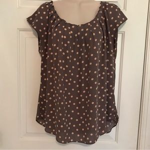 Gray and blush dot pleat neck tie back cap sleeve top